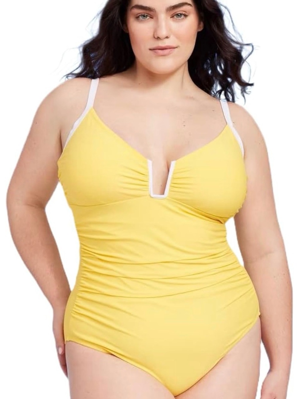 Shade & Shore Yellow V-Notch One-Piece Swimsuit with White Trim